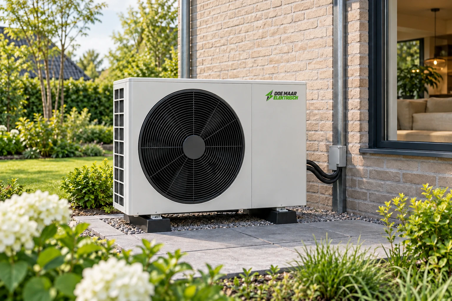 Een warmtepomp buitenunit naast een woning