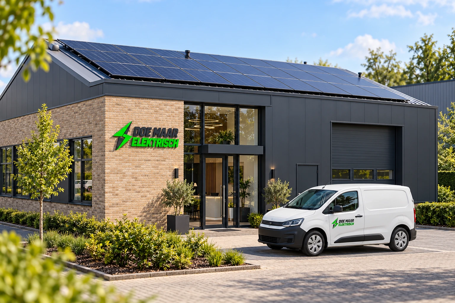 Modern bedrijfspand met zonnepanelen, een bedrijfsbus en Doe Maar Elektrisch-logo bij de entree