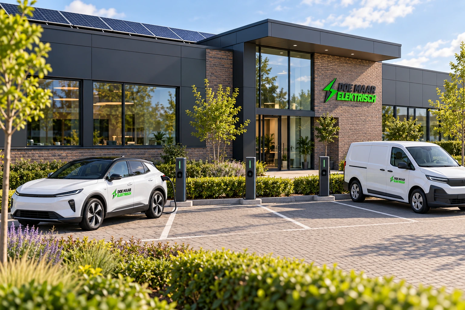 Bedrijfspand met enkele laadpalen, elektrische bedrijfsauto’s en Doe Maar Elektrisch-logo’s
